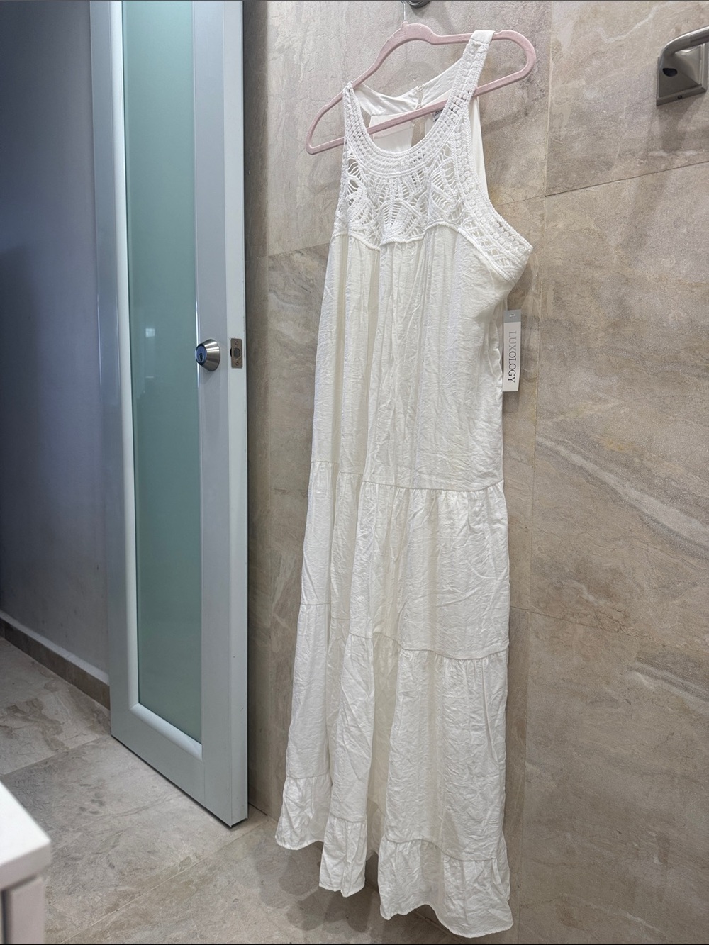 Luxology White Crochet Yoke Tiered Maxi Dress